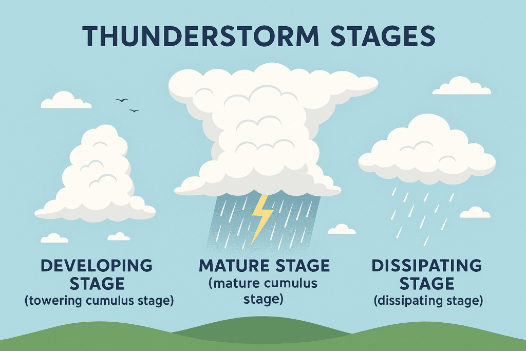 Infographic depicting the stages of a thunderstorm.